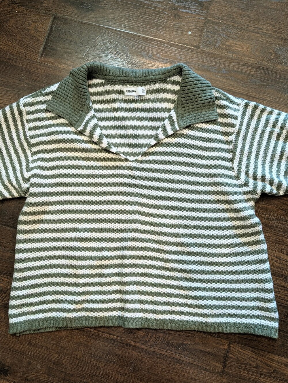 SONOMA Olive and White Striped Knit Polo Sweater